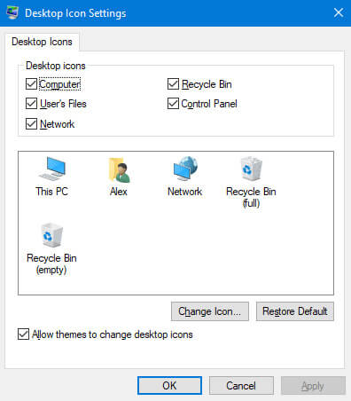 Verify the icon settings are set to display the Recycle Bin