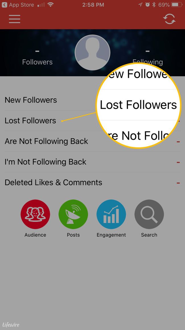 Screenshot of app showing Lost Followers tab