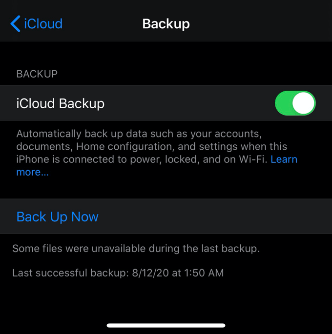 iCloud Backup toggles 