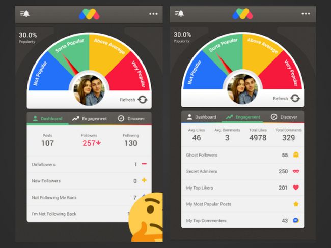 Screenshots for Follow Meter app on Android showing popularity meters